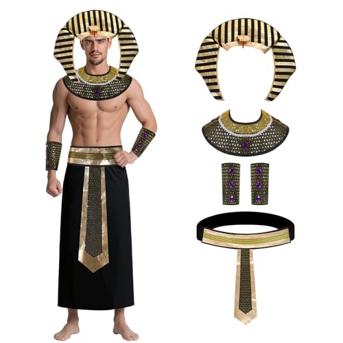 GOBWCOT Ägyptische Kleopatra Kostüm Zubehör Pharao Kopfbedeckung Kragen Gürtel Manschetten Halloween Anubis Sphinx Ägypten König Tut Outfit (Stil 1) von GOBWCOT