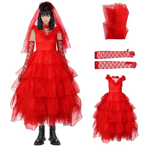 GOBWCOT Beetle Lydia Kostüm Juice Bride Gothic Hochzeitskleid Anzug mit Perücke Rote Spitze Handschuhe Frauen Halloween Cosplay Outfit GOBWCOT Beetle Lydia Kostüm Juice Bride Gothic Hochzeitskleid Anzug mit Perücke Rote Spitze Handschuhe Frauen Halloween Cosplay Outfit von GOBWCOT