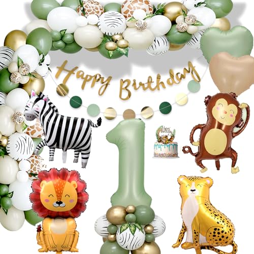 Deko 1.Geburtstag Junge Mädchen,Geburtstagsdeko 1 jahr,Grüne 1.Geburtstag,Dschungel Geburtstagsdeko 1 Jahr für Kindergeburtstag Deko 1 Jahr mit Safari Luftballons 1.Geburtstags für Deco 1 von GOEUYKM