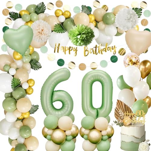 Deko 60. Geburtstag für Männer und Frauen - Luftballon Set Grün Gold mit Happy Birthday Banner, Papier Pompoms - Geburtstagsdeko von GOEUYKM