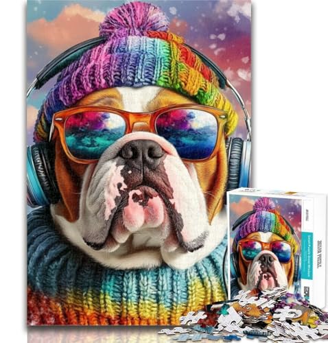 1000 Teile für Erwachsene, Bulldogge hört Musik, Puzzle für Erwachsene, 1000 Teile, Lernspiele, Heimdekoration, Künstlersammlung, bildende Kunst, 50x75cm von GOIUYTGM