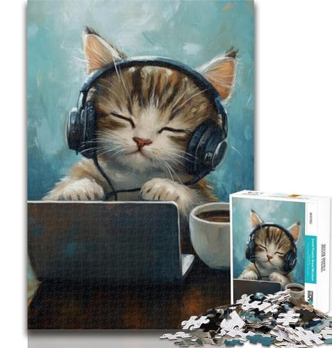 1000-teiliges Puzzle, Katze hört Musik, Puzzles für Erwachsene und Jugendliche, 1000 Teile, Spielzeug, Lernspiele, Stressabbau, Stärkung der Liebe zwischen Paaren, 50x75cm von GOIUYTGM