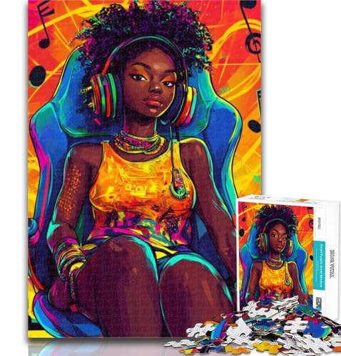1000-teiliges Puzzle, schwarzes Mädchen hört Musik, 1000-teiliges Puzzle für Erwachsene, Spielzeug, Lernspiele, Stressabbau, tolle Geschenke und Spielzeuge, 50x75cm von GOIUYTGM