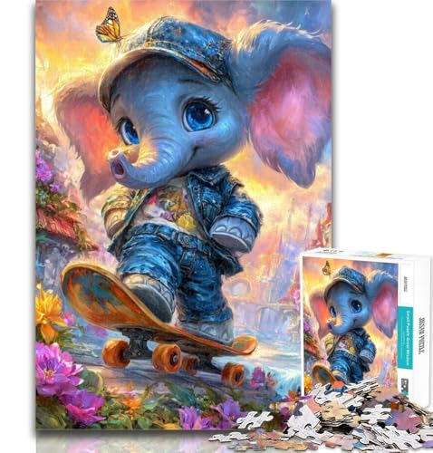 1000-teiliges Puzzle Elefant auf Skateboard, 1000-teiliges Puzzle für Erwachsene und Jugendliche, anspruchsvolles Spiel für die ganze Familie für Frauen, Geschenke für Männer, 26x38cm von GOIUYTGM