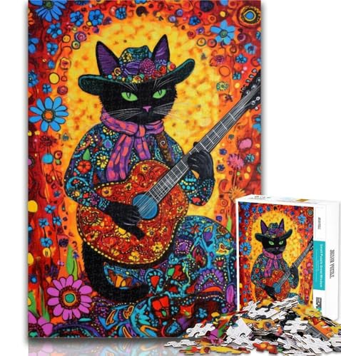 1000-teiliges Puzzle Katze spielt Gitarre zwischen Blumen, 1000 Teile für Erwachsene, Lernspielzeug und Spiele für Erwachsene und Jugendliche, 26x38cm von GOIUYTGM