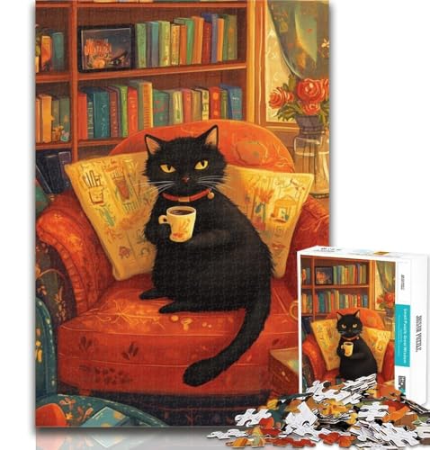 1000-teiliges Puzzle Schwarze Katze auf dem Sofa, Puzzle für Teenager, 1000 Teile, Familienspiel, Stressabbau, schwierige Herausforderung, Wichtelgeschenke, 26x38cm von GOIUYTGM