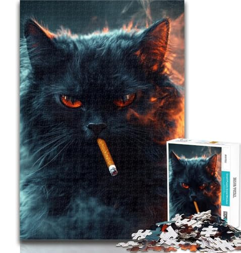 1000-teiliges Puzzle Schwarze Katze raucht, Puzzle für Teenager, 1000 Teile, Spielzeug, Lernspiele, Stressabbau, Eltern-Kind-Interaktion, 50x75cm von GOIUYTGM