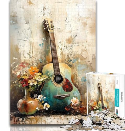 1000-teiliges Puzzle Vintage-Gitarre und Blumen, 1000 Teile für Erwachsene, Lernspielzeug und Spiele für Erwachsene und Jugendliche, 26x38cm von GOIUYTGM