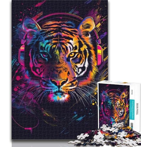 1000-teiliges Puzzle für Teenager, Tiger mit Kopfhörer-Puzzles, dekomprimierendes intellektuelles Lernspielzeug, perfekte Dekoration, 26x38cm von GOIUYTGM