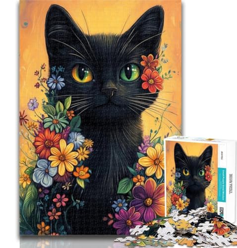 Puzzle 1000 Teile für Teenager, Schwarze Katzenblumen, Teenager-Puzzles, Quizspiel, Wanddekoration, einzigartige Geburtstags, 26x38cm von GOIUYTGM