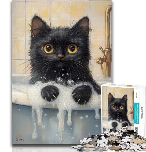 Puzzle Schwarze Katze im Badezimmer 1000 Teile für Erwachsene, Spielzeug, Lernspiele, Stressabbau, Künstlersammlung, Bildende Kunst, 26x38cm von GOIUYTGM