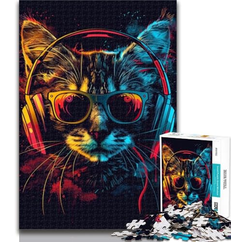 Puzzle für Teenager, Katze mit Kopfhörern und Sonnenbrille, 1000 Teile, Puzzle für Erwachsene und Teenager, Lernspiele, Heimdekoration, Geschenk für die ganze Familie, 26x38cm von GOIUYTGM