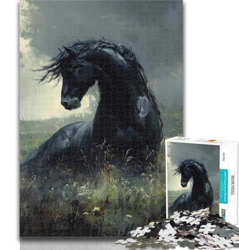 Puzzles für Erwachsene und Jugendliche, schwarzes Pferde-Puzzle, Lernspiele, Heimdekoration, geeignet für die Schreibtischdekoration, 26x38cm von GOIUYTGM