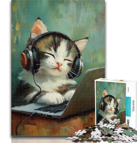 Puzzles für Teenager, Katze hört Musik, Puzzles für Erwachsene, anspruchsvolles Spielspielzeug, ganze Familie, 50x75cm von GOIUYTGM
