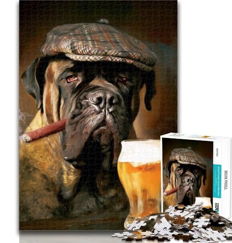 Teenager-Puzzle, Bullmastiff-Hund, rauchend, Puzzle für Erwachsene, 1000 Teile, schwieriges, lebendiges und einzigartiges Design, entspannendes und herausforderndes Puzzle-Erlebnis, 26x38cm von GOIUYTGM