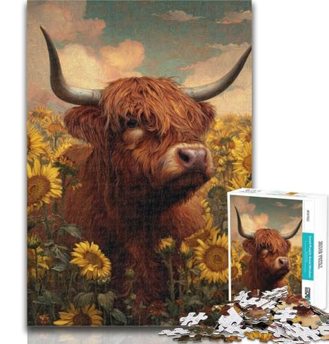 Teenager-Puzzle, Highland Cow Sunflower, 1000 Teile, Puzzle für Erwachsene und Jugendliche, Trainieren Sie Ihr Gehirn und Ihre Hände, Geburtstagsgeschenk, Geschenke, 50x75cm von GOIUYTGM