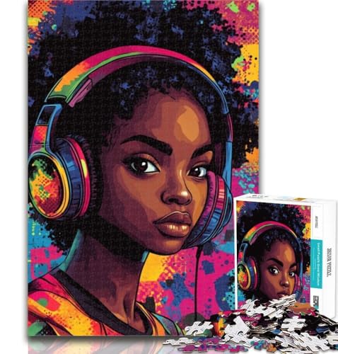 Teenager-Puzzle, schwarzes Mädchen hört Musik, 1000-teiliges Puzzle für Erwachsene und Jugendliche, Lernspielzeug, Familienspiele, stärkt die Liebe zwischen Paaren, 26x38cm von GOIUYTGM