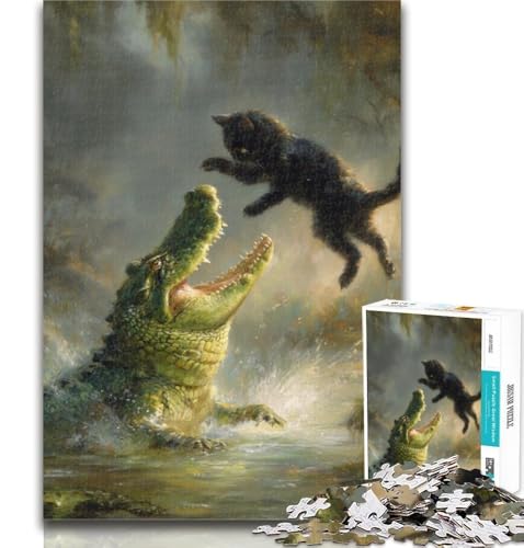 Teenager-Puzzle Schwarze Katze, Krokodil, 1000 Teile, für Erwachsene, Geburtstagsgeschenk, Geschenke, Wandkunst für Kinder ab 14 Jahren, 50x75cm von GOIUYTGM