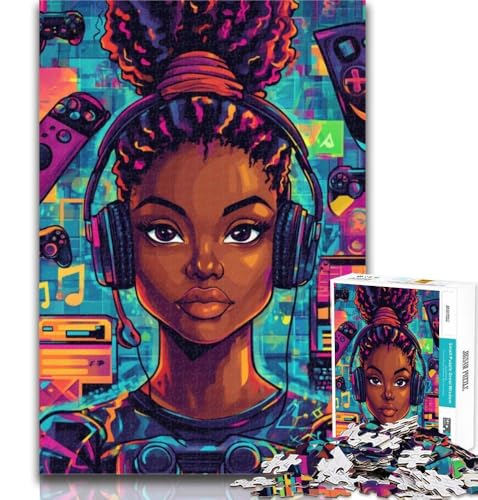 Teenager-Puzzles Schwarzes Mädchen hört Musik Puzzles für Erwachsene 1000, lebendiges und einzigartiges Design Entspannendes und herausforderndes Puzzle-Erlebnis 50x75cm von GOIUYTGM