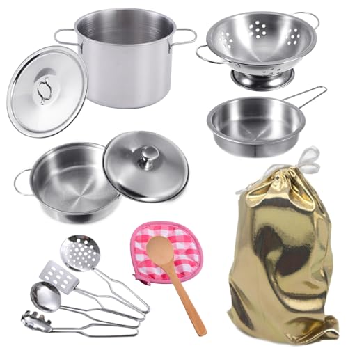 GOLCUGYJH Edelstahl Pretending Cooking Utensils Kochgeschirr Set, Mini Play Kitchen Zubehör, Spielen Töpfe und Pfannen Spielzeug in einem goldenen Stoffbeutel für Kinder Kleinkinder verpackt von GOLCUGYJH