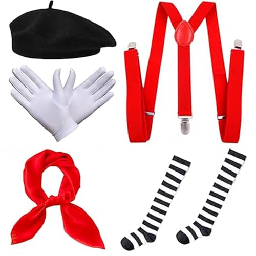 5-teiliges Mime-Künstler-Kostüm-Zubehör-Set, Mime-Kostüm, französische Künstlerin, inklusive Baskenmütze, Strumpfhalter, weiße Handschuhe und schwarze gestreifte Socken, für Damen, Erwachsene, Cosplay 5-teiliges Mime-Künstler-Kostüm-Zubehör-Set, Mime-Kostüm, französische Künstlerin, inklusive Baskenmütze, Strumpfhalter, weiße Handschuhe und schwarze gestreifte Socken, für Damen, Erwachsene, Cosplay von GOLDCROW