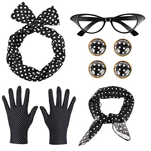 GOLDGE 50er Damen Accessoires Set Vintage Zubehör Polka Dot Haarband Schal Ohrringe Ohrclip Brille Handschuhe (6PCS) von GOLDGE