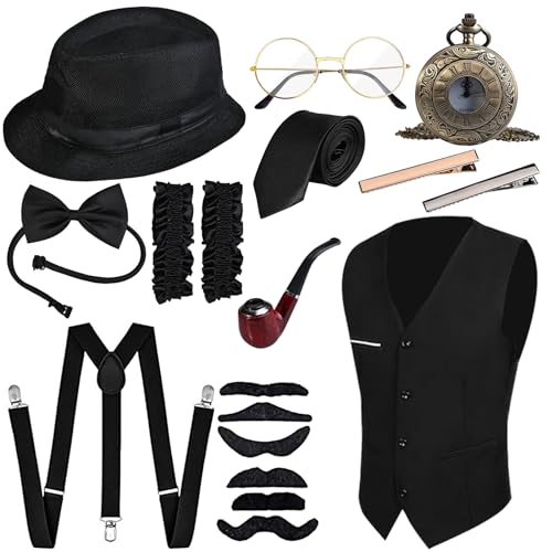 GOLDGE 20er Jahre Kostüm, Peaky Blinders Outfit, Mafia Herren Set, 1920er Accessoires Mit Hosenträger, Taschenuhr, Weste, Fliege, Panamahut für Gatsby (13-Teilig) GOLDGE 20er Jahre Kostüm, Peaky Blinders Outfit, Mafia Herren Set, 1920er Accessoires Mit Hosenträger, Taschenuhr, Weste, Fliege, Panamahut für Gatsby (13-Teilig) von GOLDGE