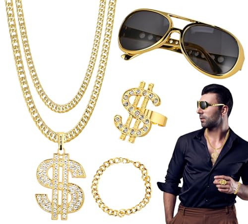 GOLDGE 4St Zuhälter Kostüm Goldene Dollar Kette Set, 70er 80er 90er Jahre Accessoires mit Goldkette Herren Armbänder Ring Brillen, Hip Hop Kostüm Rapper Accessoires für Mottoparty Fasching Karneval von GOLDGE