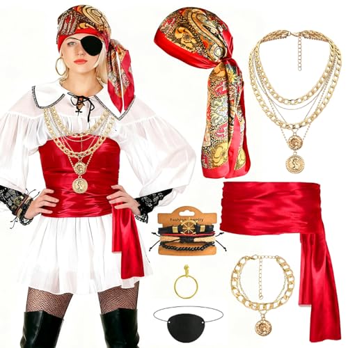 GOLDGE 7 Stück Piratenkostüm Damen Zubehör, Kostüm Pirat Damen Pirate Accessories mit Piratentuch Taillengürtel Halskette Armbänder Augenmaske Ohrringe für Karneval Halloween Cosplay von GOLDGE