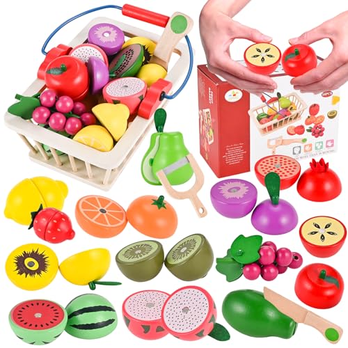 GOLDGE Kinderküche Zubehör, 16 Stück Spielküche Mit Obst Gemüse, Holz Obst Zum Schneiden Mit Magnet, Küchenzubehör Kinder Küchenspielzeug Lernspielzeug Ab 3 Jahre Junge Mädchen von GOLDGE