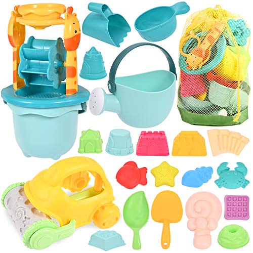 GOLDGE Sandspielzeug Set, 29Pcs Bunte Strandspielzeug Sandspielzeug Set mit Auto Eimer Schlossformen Netztasche Wasserspielzeug für Jungen Mädchen von GOLDGE