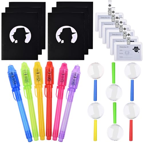 GOLDGE UV Stift Mitgebsel Kindergeburtstag Gastgeschenke Jungen Mädchen, 6 Zauberstifte Kinder UV Stift + 6 Notizbuch + 6 Lupen + 6 Detektivausweise, Stift Unsichtbar von GOLDGE