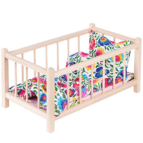 Puppenbett Naturholz Spielzeug Holzspielzeug mit Textilausrüstung Bettwäsche Matratze Kopfkissen Bettdecke Bett für Puppen von Goldkids