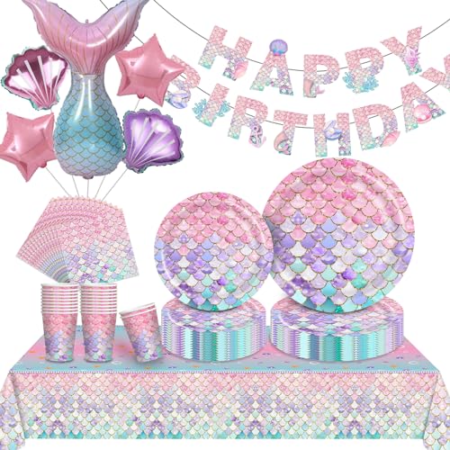 Meerjungfrau Party Geschirr Set 94PCS - Geburtstag Papierteller, Tassen, Servietten, Tischdecke, Banner, Ballons - Dekoration Zubehör für Mädchen Meerjungfrau Party Geschirr Set 94PCS - Geburtstag Papierteller, Tassen, Servietten, Tischdecke, Banner, Ballons - Dekoration Zubehör für Mädchen von GOLDNICE