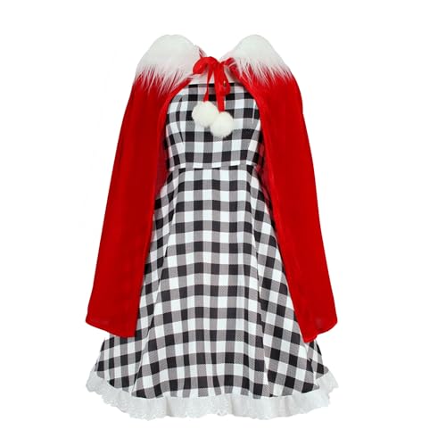 GOLDSTITCH Damen Weihnachtskostüm Weihnachtsmann Kleid Outfits mit Umhang Plaid Kleid Xmas Party Geburtstag Dress Up von GOLDSTITCH
