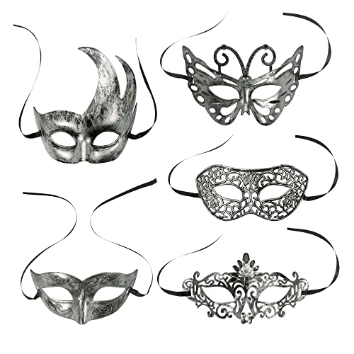 GOMEON 5 Stück Maskerade Maske, Silber Halloween Venezianische Maske Fancy Cosplay Maske Faschingsmasken Maskerade für Kostüm Karneval Party von GOMEON