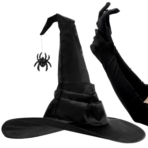 GONNCZ Hexenhut und Handschuhe für Halloween und Karneval, schwarze Hexenkostüm-Accessoires für Frauen, Satin-Hut mit Glitzer-Spinne und 45 cm langen Stretch-Handschuhen von GONNCZ