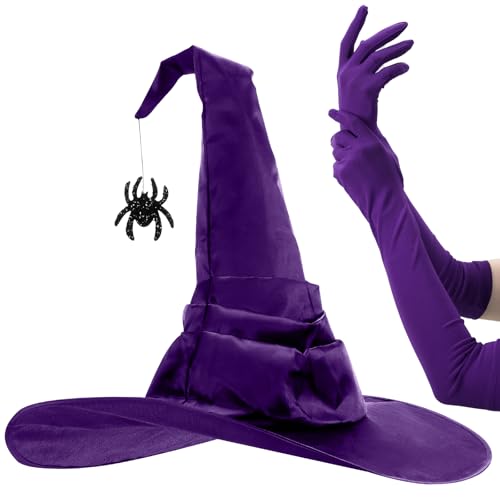 GONNCZ Hexenhut und Handschuhe für Halloween und Karneval, schwarze Hexenkostüm-Accessoires für Frauen, Satin-Hut mit Glitzer-Spinne und 45 cm langen Stretch-Handschuhen von GONNCZ