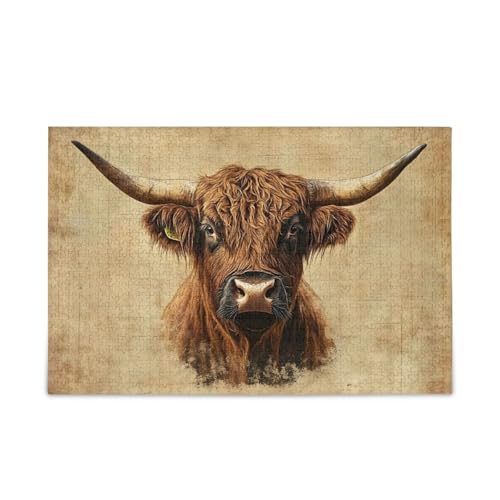 GOODOLD Vintage Highland Cow Puzzles für Erwachsene und Kinder, 1000 Teile, Holzpuzzles, Happy Family Games Ideal von GOODOLD