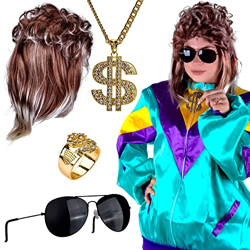 GOODS+GADGETS 6 in 1 80er Outfit Vokuhila Komplett-Set Proll Kostüm mit Unisex NEON Trainingsanzug, Assi Perücke, Bling-Bling Ring, Goldkette und Piloten-Sonnenbrille - für Fasching & Karneval von GOODS+GADGETS