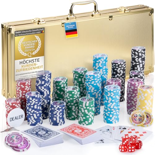 GOODS+GADGETS Profi Pokerkoffer Pokerset 500 Schwerer 12g Metallkern Poker-Chips; Pokerdeck, Pokerkarten, Würfel, Dealer-Button; abschließbar Alu-Koffer; Casino für Zuhause (Gold, 500 Chips) von GOODS+GADGETS