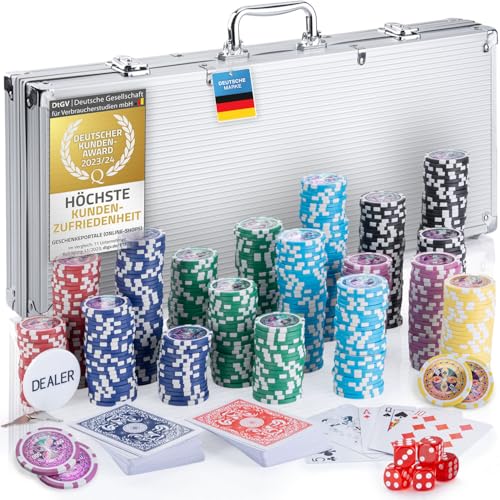 GOODS+GADGETS Profi Pokerkoffer Pokerset 500 Schwerer 12g Metallkern Poker-Chips; Pokerdeck, Pokerkarten, Würfel, Dealer-Button; abschließbar Alu-Koffer; Casino für Zuhause (Silber, 500 Chips) von GOODS+GADGETS