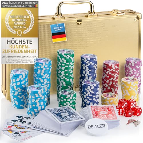 Profi Pokerkoffer Pokerset inkl. 300-500 schwerer 12g Metallkern Poker-Chips; Pokerdeck, Kartendeck, Pokerkarten, Würfel, Dealer-Button; abschließbar Alu-Koffer; Casino für Zuhause (Gold, 300 Chips) von GOODS+GADGETS