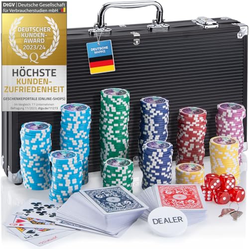Profi Pokerkoffer Pokerset inkl. 300-500 schwerer 12g Metallkern Poker-Chips; Pokerdeck, Pokerkarten, Würfel, Dealer-Button; abschließbar Alu-Koffer; Casino für Zuhause (Schwarz, 300 Chips) von GOODS+GADGETS