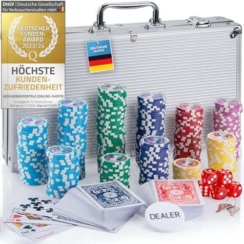 Profi Pokerkoffer Pokerset inkl. 300-500 schwerer 12g Metallkern Poker-Chips; Pokerdeck, Pokerkarten, Würfel, Dealer-Button; abschließbar Alu-Koffer; Casino für Zuhause (Silber, 300 Chips) von GOODS+GADGETS