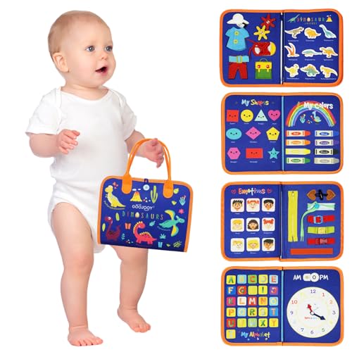 GOOJOOY Montessori Busy Board ab 1 Jahr & Activity Board: Motorikspielzeug für 2-3 Jahre, Dinosaurier-Design, Emoticons und Bekleidungsfähigkeiten - Perfektes Lernspielzeug für Kleinkinder von GOOJOOY