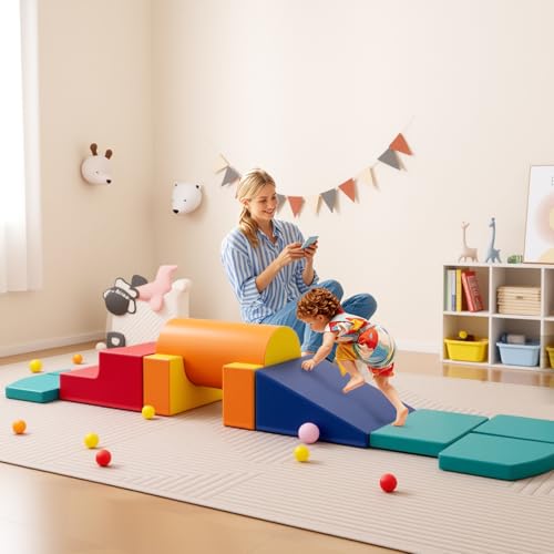 GOPLUS 10-teilige Schaumstoff-Bausteine, Softbausteine für Kinder zum Klettern, Riesenbausteine mit frei kombinierbaren multifunktionalen Elemente, abnehmbarer Kunstlederbezug, mehrfarbig, für Zuhause von GOPLUS