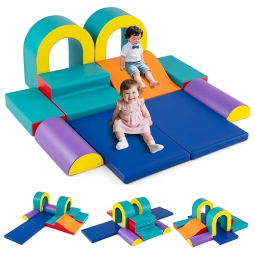 GOPLUS 10-teilige Schaumstoff-Bausteinen, Softbausteine mit verstärkten Nähten & weichem Bezug, Riesenbausteine für Kleinkinder zum Klettern, Krabbeln & Rutschen, ab 1 Jahr (Blau) von GOPLUS