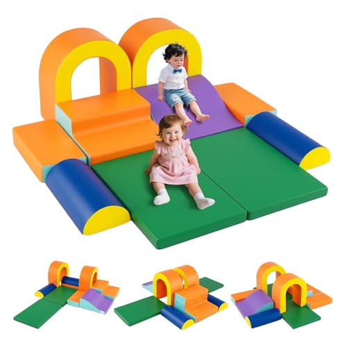 GOPLUS 10-teilige Schaumstoff-Bausteinen, Softbausteine mit verstärkten Nähten & weichem Bezug, Riesenbausteine für Kleinkinder zum Klettern, Krabbeln & Rutschen, ab 1 Jahr (Orange) von GOPLUS