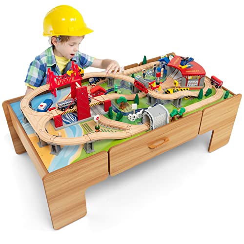 GOPLUS 100-teiliges Eisenbahnset und Spieltisch aus Holz, Mehrzweck-Spieltisch mit wendbarer & Abnehmbarer Tischplatte, große Schublade, Züge, Gleise, Fahrzeuge, Spielzeug für Kinder ab 3 Jahre GOPLUS 100-teiliges Eisenbahnset und Spieltisch aus Holz, Mehrzweck-Spieltisch mit wendbarer & Abnehmbarer Tischplatte, große Schublade, Züge, Gleise, Fahrzeuge, Spielzeug für Kinder ab 3 Jahre von GOPLUS